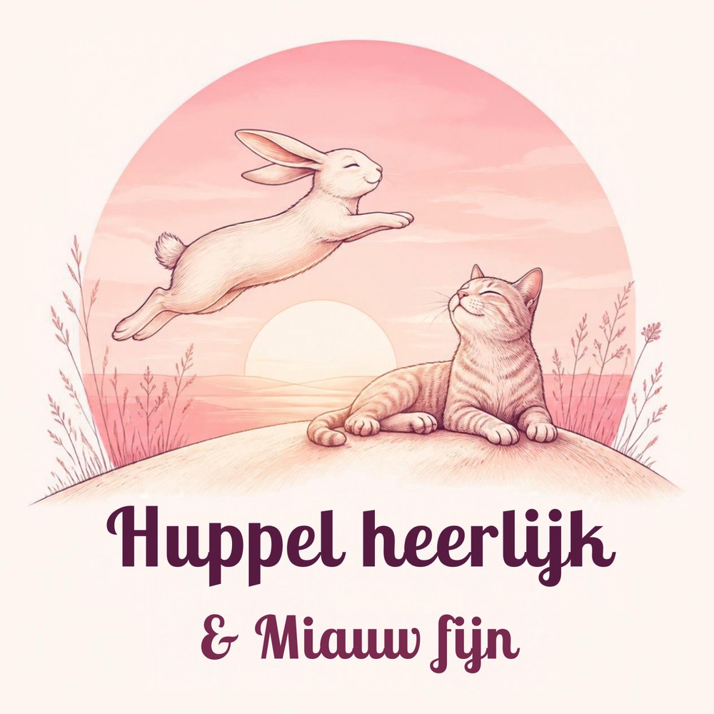 Huppel heerlijk & Miauw fijn: een springend konijn en een rustende kat bij een roze zonsondergang